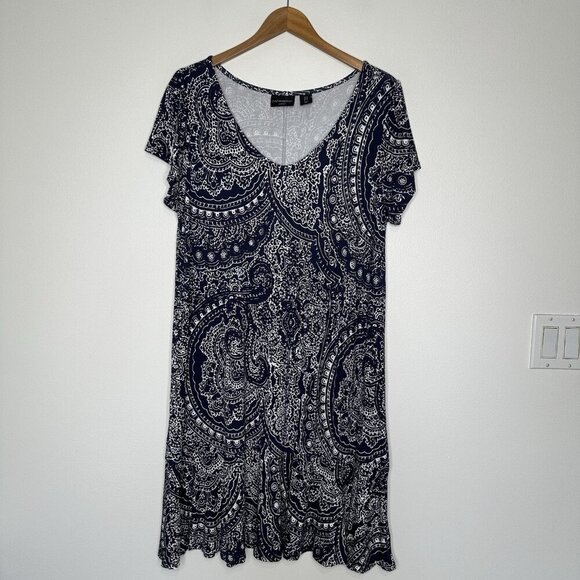 Cynthia Rowley Shift Dress 1X Navy Blue Paisley V Neck Knit Stretch - Picture 1 of 8